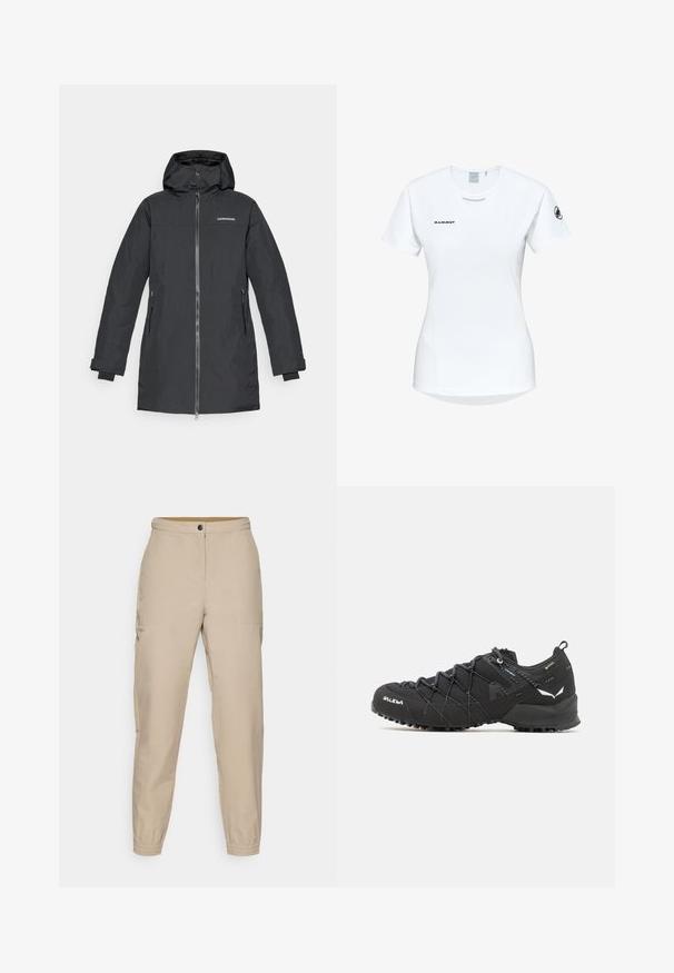 Veste d'extérieur noire avec capuche, fermeture éclair, poches latérales et poignets ajustables. Fabriquée en matériau lisse et résistant aux intempéries.; T-shirt de sport à manches courtes, blanc, avec un col rond, arborant un logo sur la poitrine et une texture de tissu lisse et léger.; Pantalons tapered beiges avec un front plat, des poches latérales, des poignets élastiques et une fermeture à bouton. Fabriqués en tissu lisse avec un léger éclat.; Chaussures de randonnée noires avec une tige en tissu texturé, un système de laçage et une semelle en caoutchouc robuste. Agrémentées de détails réfléchissants et de logos.