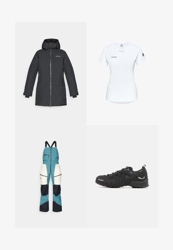 Sort yderjakke med hætte, lynlås, sidelommer og justerbare manchetter. Fremstillet af et glat, vejrresistent materiale.; Kortærmet hvid sportsshirt med rund hals, prydet med et logo på brystet og en glat, let stofstruktur.; Peak Performance VERTICAL GORE-TEX PRO BIB - Skibukser - hydro fresh/sand fog; Sorte vandresko med en tekstureret stofoverdel, snøresystem og robust gummisål. Accenteret med reflekterende detaljer og logoer.