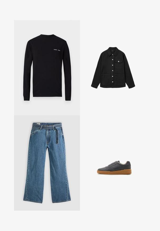 Schwarze Knopfjacke mit langen Ärmeln, einem Kragen, einer Brusttasche mit Klappe und zwei großen aufgesetzten Fronttaschen.; Schwarzes Langarm-T-Shirt aus Baumwolle, mit Rundhalsausschnitt und doppeltem weißen "SAMSØE"-Logo-Druck im linken Brustbereich.; Blaue Denim-Jeans mit weitem Bein, angebautem Gürtel, vorderen Taschen und sichtbaren Nähten auf einem schlichten hellen Hintergrund.; Graue Leder-Sneaker mit strukturierter Oberfläche, grauen Schnürsenkeln und einer Sohle aus Gummi verfügt über ein flaches Design und eine seitliche Markenkennzeichnung.