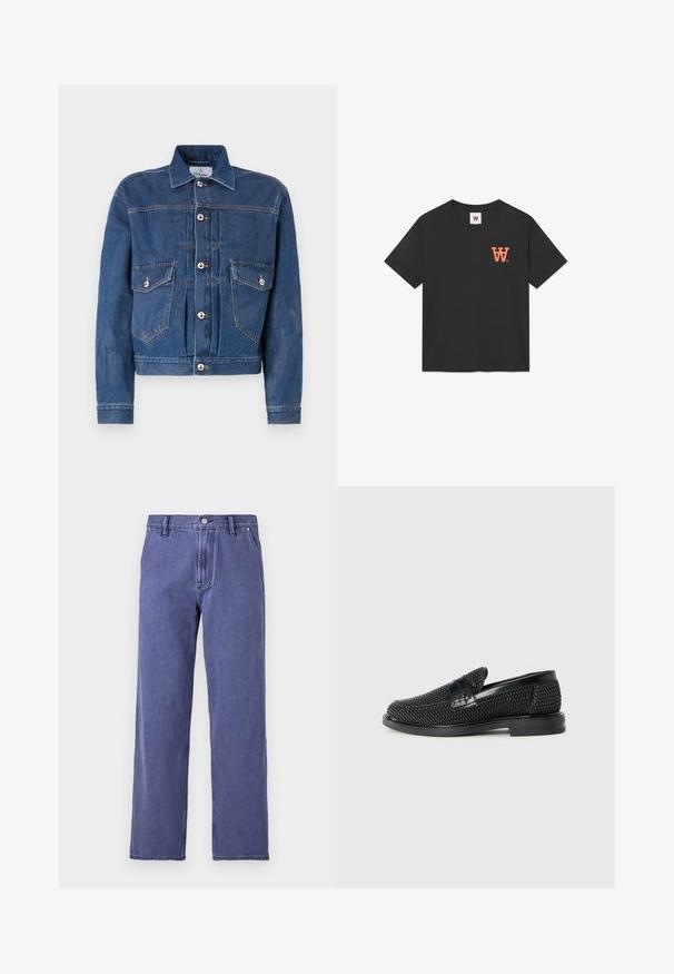 Tumši zila džinsu jaka ar izteiksmīgu apkakli, priekšā ar pogām aiztaisāma, un divām krūšu kabatām. Izceļas redzamais šuvums un metāla pogas.; Melnas kokvilnas T-kreklis ar īsām piedurknēm, apaļu kakla izgriezumu un oranžu "W" logo kreisajā krūtī. Mīksta, gluda tekstūra.; Zili zili denim džinsi ar taisnām kājām, augstu jostasvietu, priekšējo rāvējslēdzēju un piecu kabatu dizainu. Audumam ir nedaudz tekstūras. Nav rakstu.; Melnas austas slaidu kurpes ar gludu ādas akcentu augšpusē, apaļas formas purngalu un zemas profila gumijas zoli.