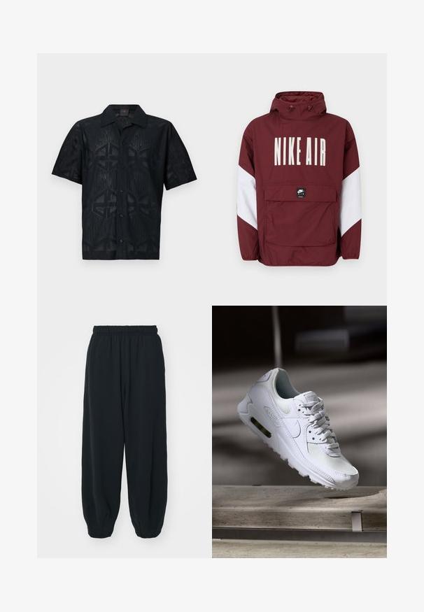 Rød Nike Air-jakke med hette, stort hvitt logo på forsiden og hvite detaljer på ermene. Har en frontlomme og elastiske mansjetter.; Svart kortermet skjorte med et geometrisk mønster som har varierende teksturer. Den har en knappestolpe foran og en klassisk kragedesign.; Sorte, joggebukser med elastisk liv, løs passform, mansjetter på ankler, glatt tekstur og uten synlige mønstre eller hardware-detaljer.; Hvit Nike Air Max 90 sneakers med øvre del laget av mesh og skinn, perforert tåboks og en synlig luftenhet i hælen.