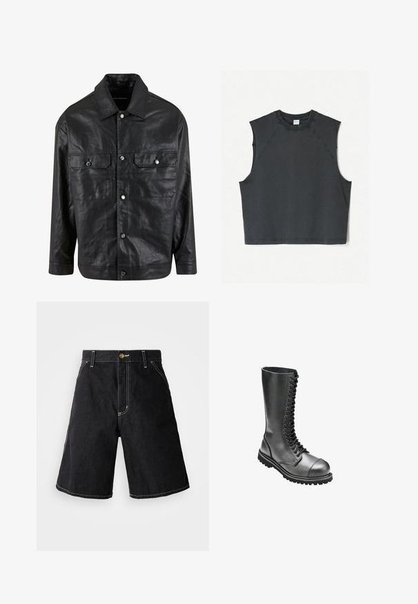 mustat nahkatakki, jossa on nappikiinnitys edessä, kaksi rintataskua ja terävä kaulus, joka on sileä ja yksinkertainen muotoilu.; Mustat hihattomat lyhyet paidat, jotka on valmistettu pehmeästä kankaasta, ja joissa on pyöreä kaula-aukko sekä raglan-hihansuut näkyvillä ompeluilla.; Mustat farkkushortsit, joissa on löysä malli, viisi taskua ja kontrastivalkoiset tikkaukset. Napitus vyötäröllä.; Mustat nahkaiset nauhaketjutukkasaappaat, joissa on korkea varsi, pyöreä kärki, pehmustettu kaulus ja teksturoitu kumipohja, joka parantaa pitoa.