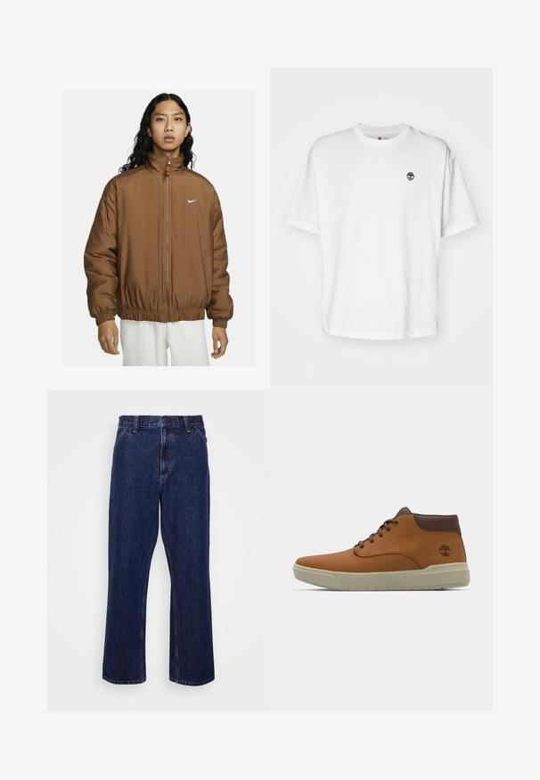 Chaqueta acolchada marrón con cuello alto, cremallera frontal y puños y dobladillo elásticos. Presenta un pequeño logo blanco de Nike en el pecho.; Camiseta de algodón blanca con cuello redondo, mangas cortas y un pequeño logo negro de un árbol en el lado izquierdo del pecho. Tejido suave, corte relajado.; Jeans de mezclilla azul oscuro con un diseño de pierna recta, que cuentan con un cierre de botón, estilo de cinco bolsillos y detalles de costura sutiles.; Botas de tobillo de cuero marrón con una textura suave, punta redonda, diseño con cordones y una suela de color beige claro. Incluye un pequeño logo de árbol en el lateral.