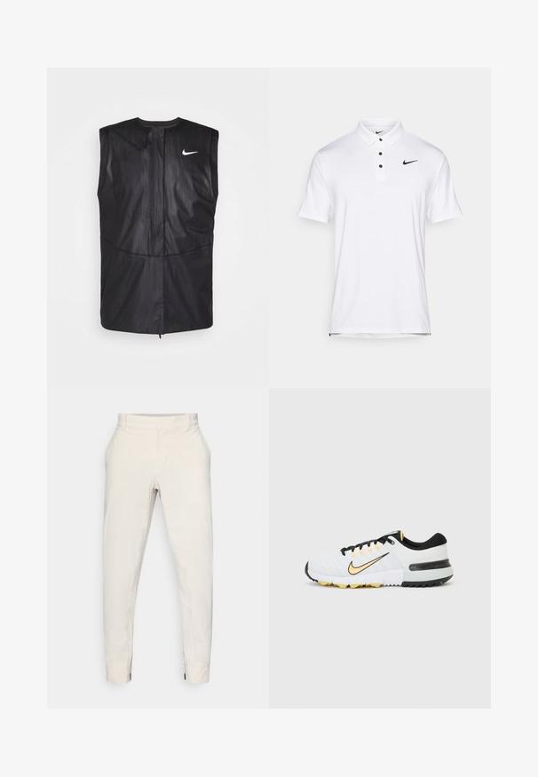Nike Golf M NK SFADV VEST - Casaco impermeável - black/black/anthracite/white; Camisa polo branca da Nike com colarinho clássico, três botões pretos e um pequeno logótipo preto no lado superior esquerdo. Mangas curtas, textura suave.; Calças ajustadas de tom bege claro com uma textura suave, pernas retas e fechos de zip na altura do tornozelo. Apresentam um frente lisa e passadores para cinto na cintura.; Sapatilha desportiva Nike Free G em branco, preto e amarelo. Apresenta um cabedal texturizado, design com atacadores e uma sola flexível com tração.