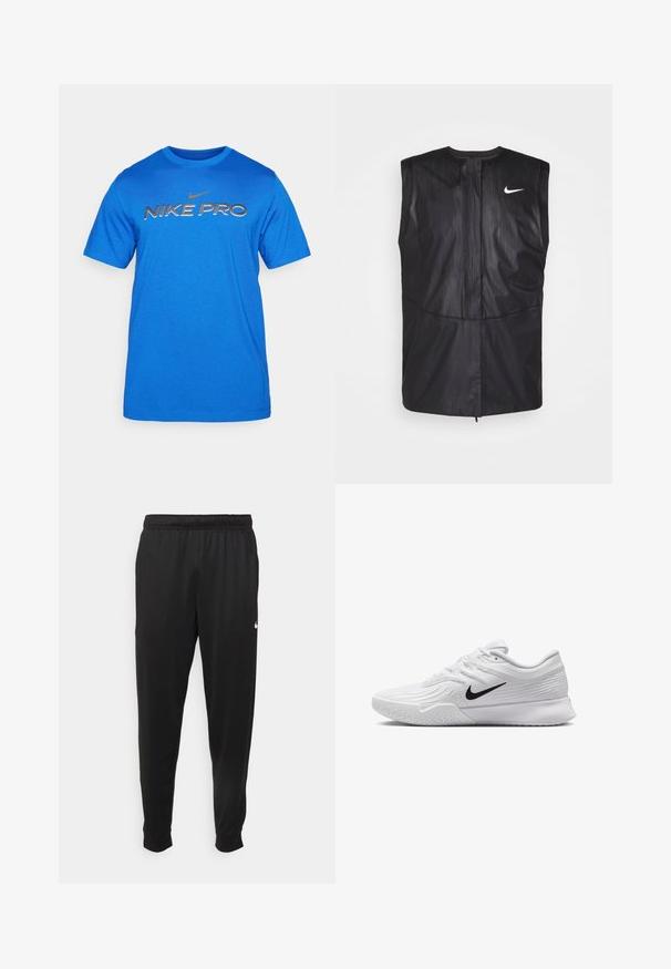 Nike Golf M NK SFADV VEST - Hardshell jacket - black/black/anthracite/white; Nike Performance PRO - T-skjorte til trening - game royal; Svarte treningsbukser laget av glatt stoff, med elastisk midje, smale ben og en liten hvit logo på venstre side.; Hvit atletisk sko med teksturert mesh-overdel, svart Nike-svush, polstret krage og gummisåle med mønster.