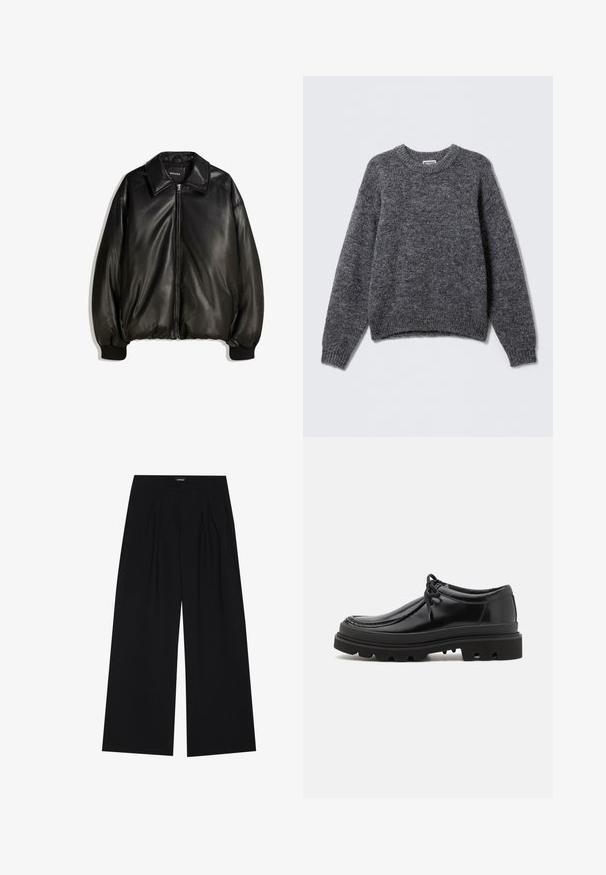 Mustaa nahkatakkia, jossa on vetoketjullinen etuosa, suuri kaulus, ribbaatut hihansuut ja löysä siluetti. Sujuva pinta, jossa on minimaalinen yksityiskohtaisuus.; Harmaa neulottu villapaita, jossa on pyöreä kaula-aukko, pitkät hihat sekä ribbireunat hihoissa ja helmassa. Pehmeä rakenne, jossa on hienovarainen, heather-tyylinen kuviointi kauttaaltaan.; YOURTURN UNISEX - Housut - black; Mustat nahkakengät Derby-tyyliin, jossa on tyylikäs muotoilu, pyöreä kärki ja teksturoitu kumipohja, jossa on syviä uria pidon parantamiseksi.