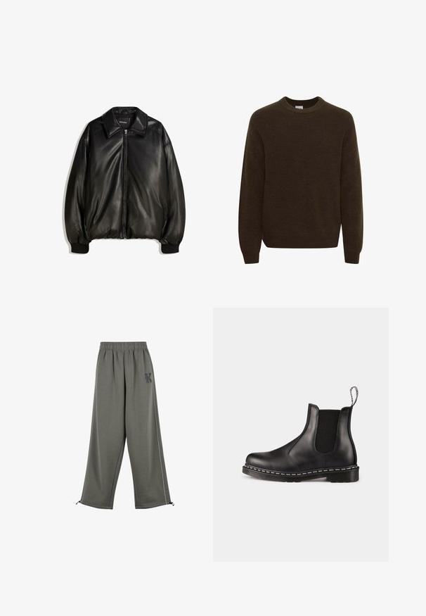 Fekete bőrdzseki, elől cipzárral, nagyméretű gallérral, bordás mandzsettával és laza szabással. Sima textúra minimális díszítéssel.; Barna kötött pulóver kerek nyakkal, hosszú ujjakban és puha textúrával. A design ribbelt mintázattal rendelkezik az egész felszínen.; Karl Kani KK OS SIDESTRIPE - Nadrágok - grey; Fekete bőr Chelsea boots, elasztikus oldalsó panelekkel, lekerekített orral, húzófüllel, fehér varrással a talpon és texturált gumi talppal.
