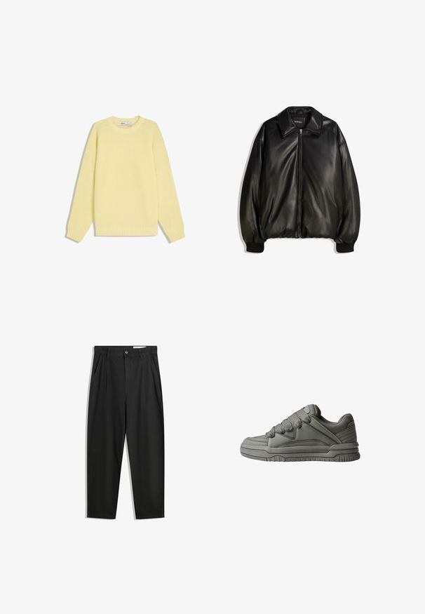 Crna kožna jakna s patentnim zatvaračem, velikim ovratnikom, rebrastim manžetama i opuštenim krojem. Glatka tekstura s minimalnim detaljima.; Žuti pleteni pulover s rebrastom teksturom, okruglim izrezom i dugim rukavima. Ima ravni kroj i elastični donji rub.; Crne pamučne hlače s opuštenim krojem, s klasičnim pojasom, prednjim nabranjima i bočnim džepovima. Glatka tekstura bez uzoraka.; Sivi atletski model cipela s teksturiranom kožom i mrežastim gornjim dijelom, debelim gumenim potplatom te istaknutim podstavljenim jezikom i stranama. Uključene vezice i bočni dodaci.