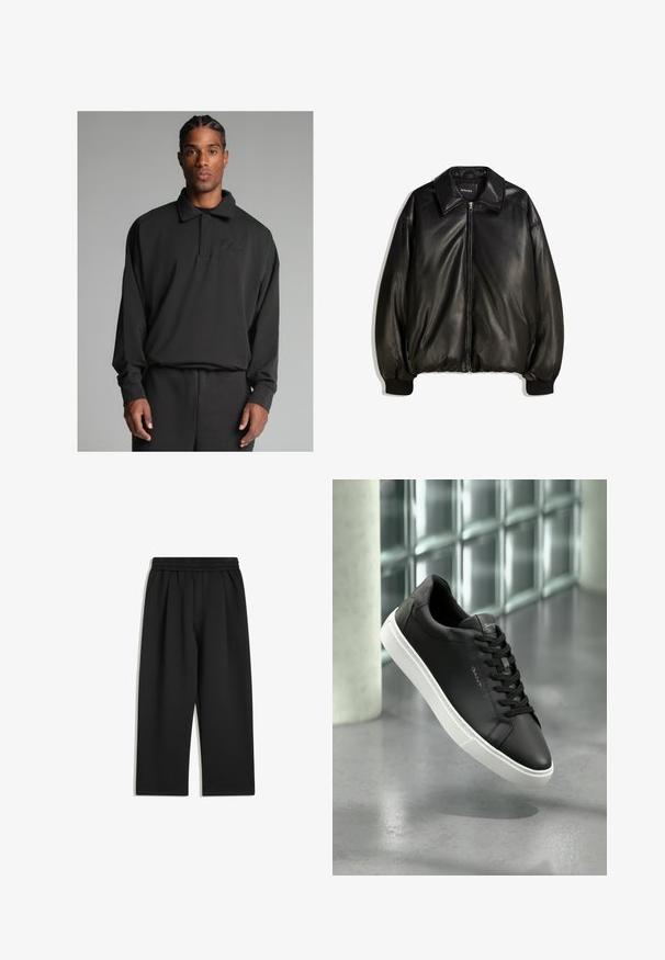 Černá kožená bunda s předním zipem, velkým límcem, žebrovanými manžetami a volným střihem. Hladká textura s minimálním zdobením.; Černý polo svetr vyrobený z měkké látky, s klasickým límcem, dlouhými rukávy a vyšívaným logem na hrudi.; Černé široké kalhoty s elastickým pasem a bočními kapsami, zobrazené na bílém pozadí.; Černé kožené tenisky s bílou gumovou podrážkou, kulatou špičkou a šněrováním. Mají hladkou strukturu a decentní branding na jazyku.