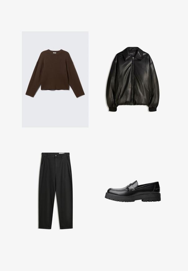 Schwarze Lederjacke mit einem Reißverschluss vorne, großem Kragen, gerippten Bündchen und einer lockeren Silhouette. Glatte Textur mit minimalen Details.; Dunkelbrauner, langärmeliger, gestrickter Rundhalspullover mit lockerer Passform und geripptem Kragen, auf einem schlichten hellen Hintergrund präsentiert.; Schwarze Baumwollhose mit lockerem Schnitt, ausgestattet mit einem klassischen Bund, vorderen Falten und Seiten taschen. Glatte Textur ohne Muster.; Schwarzer Lederloafer mit grobem, rutschfestem Sohlenprofil und dekorativem Riemen über der Oberseite, seitlich links auf weißem Hintergrund abgebildet.
