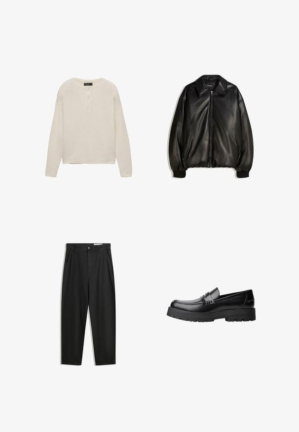 Giacca in pelle nera con zip frontale, colletto ampio, polsini a costine e silhouette ampia. Tessuto liscio con dettagli minimi.; Maglione a maniche lunghe, collezione crew-neck in beige chiaro, con chiusura a tre bottoni, polsini a coste e orlo dritto, realizzato in tessuto morbido e testurizzato.; Pantaloni in cotone neri con una vestibilità rilassata, dotati di una vita classica, pieghe frontali e tasche laterali. Tessuto liscio senza fantasie.; Mocassino in pelle nera con suola spessa e tassellata e fascia decorativa sulla parte superiore, mostrato in profilo sinistro su sfondo bianco.