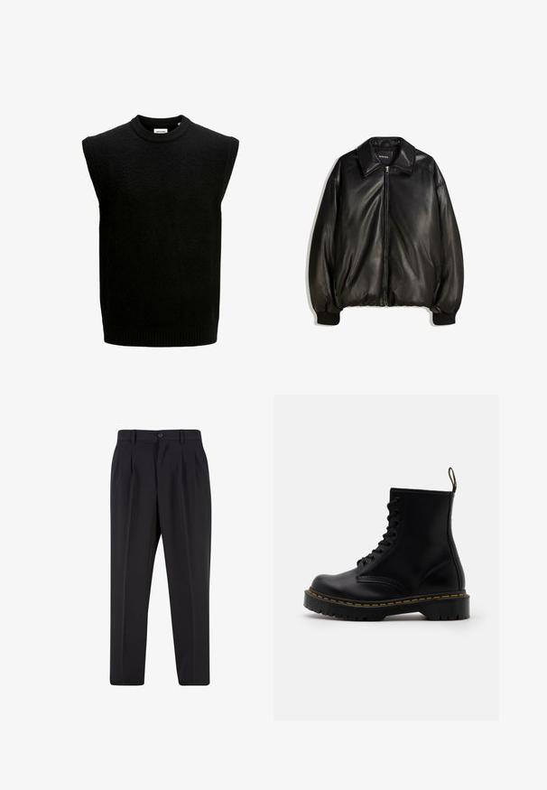 Sort læderjakke med lynlås foran, stor krave, ribbede manchetter og en løs silhuet. Glat tekstur med minimal detaljer.; Sort ærmeløs sweater med rund halsudskæring, lavet af tekstureret stof, med ribbet nederkant og armhuller. Enkel og minimalistisk design.; Sort bomulds T-shirt med rund halsudskæring, korte ærmer og et lille rødt Levi's logo på venstre bryst. Letvægts og en simpel design.; Sorte bukser med plisseret frontdesign, lavet af glat stof. Har knaplukning og bæltestropper; lige pasform.; Sorte læder ankelstøvler med snørebånd foran, gul syning, en rund tå og en tyk, tekstureret gummisål.