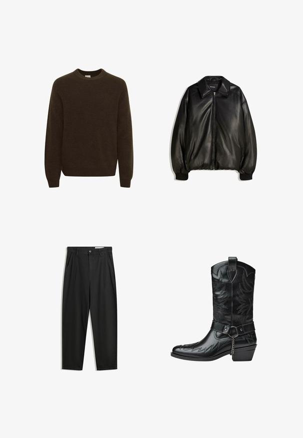 Giacca in pelle nera con zip frontale, colletto ampio, polsini a costine e silhouette ampia. Tessuto liscio con dettagli minimi.; Maglione marrone a maglia con scollatura tonda, maniche lunghe e una texture morbida. Il design presenta un motivo a coste su tutta la superficie.; Pantaloni in cotone neri con una vestibilità rilassata, dotati di una vita classica, pieghe frontali e tasche laterali. Tessuto liscio senza fantasie.; Stivale da cowboy in pelle nera con cuciture decorative, cintura, anello metallico, dettaglio in catena e tacco angolato basso su sfondo bianco.