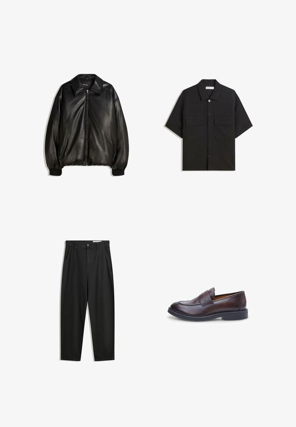 Black leather jacket featuring a zip front, large collar, ribbed cuffs, and a loose silhouette. Smooth texture with minimal detailing.; Black short-sleeve shirt made of fabric with a smooth texture, features two front pockets, a classic collar, and button closure.; Black cotton trousers with a relaxed fit, featuring a classic waistband, front pleats, and side pockets. Smooth texture without patterns.; Brown leather loafer shoe with a smooth texture, rounded toe, and dual strap detailing; features a black rubber sole and stitched accents.