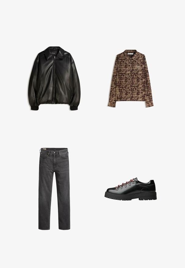 Veste en cuir noir avec fermeture éclair à l'avant, grand col, poignets côtelés et silhouette ample. Texture lisse avec un minimum de détails.; Chemise à carreaux marron en tissu texturé, avec un devant à boutons, des manches longues et un logo brodé sur la poitrine.; Jean en denim gris foncé avec une coupe droite, cinq poches et des rivets en cuivre. Design classique avec une texture légèrement décolorée.; Chaussure de randonnée en cuir noir avec des lacets rouges et blancs, de grands œillets et une semelle épaisse à crampons pour une bonne adhérence et stabilité.