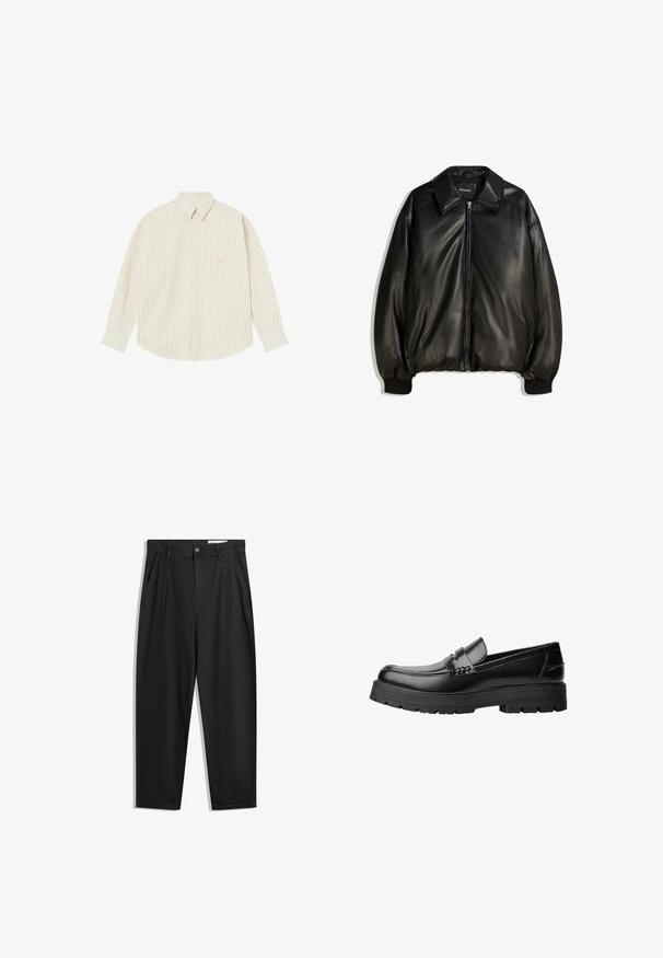 Crna kožna jakna s patentnim zatvaračem, velikim ovratnikom, rebrastim manžetama i opuštenim krojem. Glatka tekstura s minimalnim detaljima.; Svijetlosmeđa košulja s gumbima i tankim vertikalnim prugama. Ima oštri ovratnik, duge rukave i mali izvezeni logotip na džepu.; Crne pamučne hlače s opuštenim krojem, s klasičnim pojasom, prednjim nabranjima i bočnim džepovima. Glatka tekstura bez uzoraka.; Crna kožna mokasina s debelim potplatima i dekorativnom trakom preko gornjeg dijela, prikazana u lijevom bočnom profilu na bijeloj pozadini.
