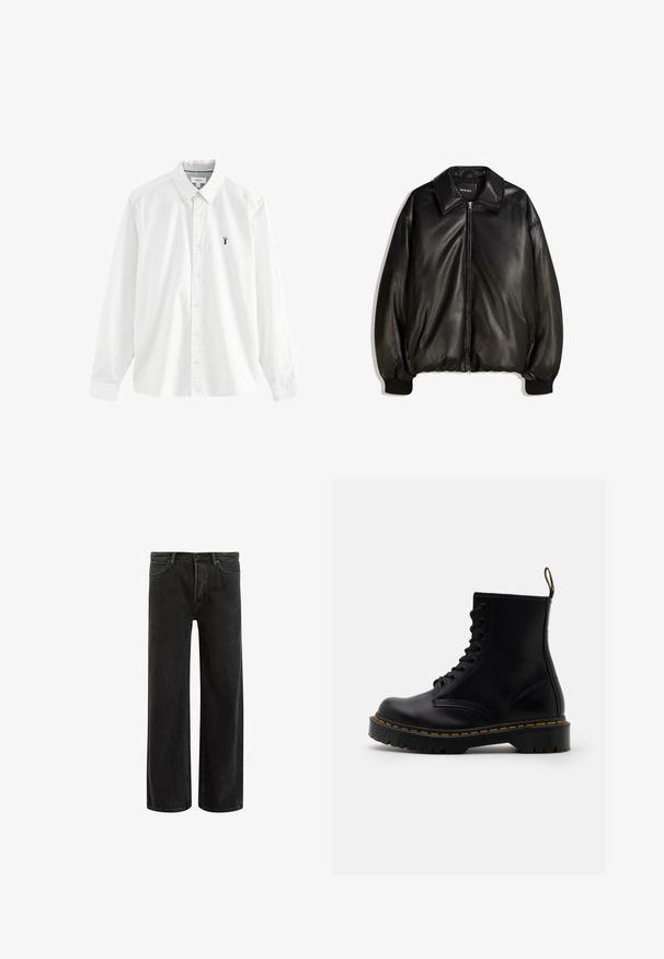 Giacca in pelle nera con zip frontale, colletto ampio, polsini a costine e silhouette ampia. Tessuto liscio con dettagli minimi.; Camicia bianca a maniche lunghe in cotone. Presenta un colletto con bottoni, bottoni gialli e un piccolo logo di astice navy sul lato sinistro del petto.; Jeans wide-leg in denim nero con vita alta, caratterizzati da un classico design a cinque tasche e da un leggero sbiadimento per un aspetto testurizzato.; Stivaletti alla caviglia in pelle nera con lacci anteriori, cuciture gialle, punta rotonda e suola in gomma spessa e testurizzata.