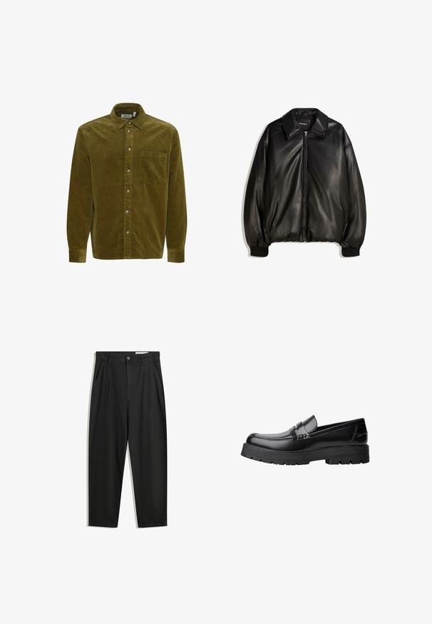 Veste en cuir noir avec fermeture éclair à l'avant, grand col, poignets côtelés et silhouette ample. Texture lisse avec un minimum de détails.; Chemise en velours côtelé vert olive avec un col boutonné, une poche devant et des boutons argentés. Manches longues avec détails aux poignets.; Pantalon en coton noir avec une coupe décontractée, dotés d'une taille classique, de plis à l'avant et de poches latérales. Texture lisse sans motifs.; Mocassin en cuir noir avec semelle épaisse à motifs et une sangle décorative sur le dessus, présenté en profil sur le côté gauche sur fond blanc.
