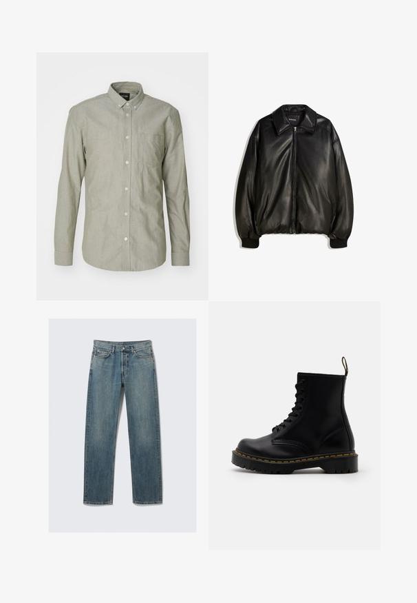 Giacca in pelle nera con zip frontale, colletto ampio, polsini a costine e silhouette ampia. Tessuto liscio con dettagli minimi.; Camicia verde chiaro con maniche lunghe e bottoni, realizzata in cotone. Presenta un colletto, tasca frontale e chiusura con bottoni. Tessuto liscio.; T-shirt in cotone nero con scollatura tonda, maniche corte e un piccolo logo rosso Levi's sul lato sinistro del petto. Design leggero e semplice.; Jeans in denim dritto blu con tasche anteriori e per monete, passanti per cintura e chiusura con bottone metallico su uno sfondo neutro.; Stivaletti alla caviglia in pelle nera con lacci anteriori, cuciture gialle, punta rotonda e suola in gomma spessa e testurizzata.