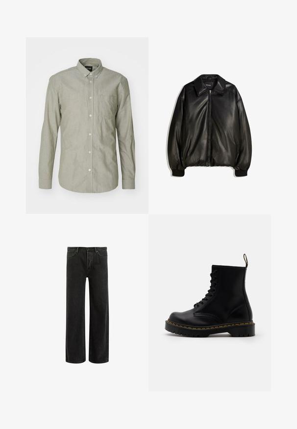 Giacca in pelle nera con zip frontale, colletto ampio, polsini a costine e silhouette ampia. Tessuto liscio con dettagli minimi.; Camicia verde chiaro con maniche lunghe e bottoni, realizzata in cotone. Presenta un colletto, tasca frontale e chiusura con bottoni. Tessuto liscio.; T-shirt in cotone nero con scollatura tonda, maniche corte e un piccolo logo rosso Levi's sul lato sinistro del petto. Design leggero e semplice.; Jeans wide-leg in denim nero con vita alta, caratterizzati da un classico design a cinque tasche e da un leggero sbiadimento per un aspetto testurizzato.; Stivaletti alla caviglia in pelle nera con lacci anteriori, cuciture gialle, punta rotonda e suola in gomma spessa e testurizzata.