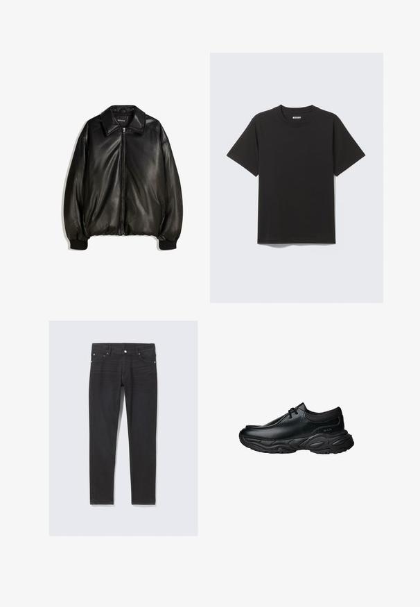 Veste en cuir noir avec fermeture éclair à l'avant, grand col, poignets côtelés et silhouette ample. Texture lisse avec un minimum de détails.; T-shirt noir à manches courtes en coton doux, avec un col rond et un design simple sans motifs ni accents.; Jeans en denim noir à coupe slim, avec poches avant, braguette à boutons et détails de couture subtils le long des coutures latérales.; Chaussures en cuir noir à enfiler avec un bout arrondi et une semelle en caoutchouc texturée épaisse. Présente des coutures discrètes et des accents élastiques au niveau du col.