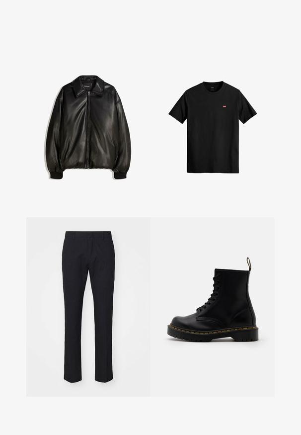 Zwarte leren jas met een ritssluiting aan de voorkant, grote kraag, geribbelde manchetten en een losse pasvorm. Glad textuur met minimale details.; Zwarte katoenen t-shirt met een ronde hals, korte mouwen en een klein rood Levi's-logo op de linkerkant van de borst. Lichtgewicht en eenvoudig ontwerp.; Marineblauwe broek in een tailored snit, gemaakt van soepel materiaal. Bevat een vlakke voorkant, riemlussen en rechte pijpen met een schone zoom.; Zwarte leren enkelboots met een vetersluiting aan de voorkant, gele stiksels, een ronde neus en een dikke, gestructureerde rubberen zool.