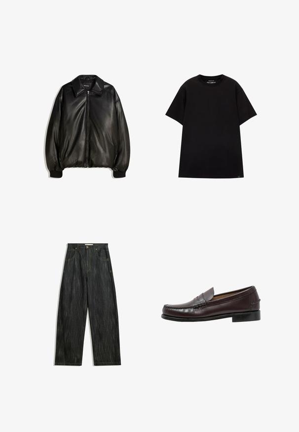Giacca in pelle nera con zip frontale, colletto ampio, polsini a costine e silhouette ampia. Tessuto liscio con dettagli minimi.; PULL&BEAR JOIN LIFE - T-shirt basic - black; Jeans in denim scuro con vestibilità ampia, caratterizzati da una sottile texture verticale, cuciture gialle, cinque tasche e una chiusura con bottone classica.; Sebago CLASSIC DAN - Mocassini eleganti - cordo