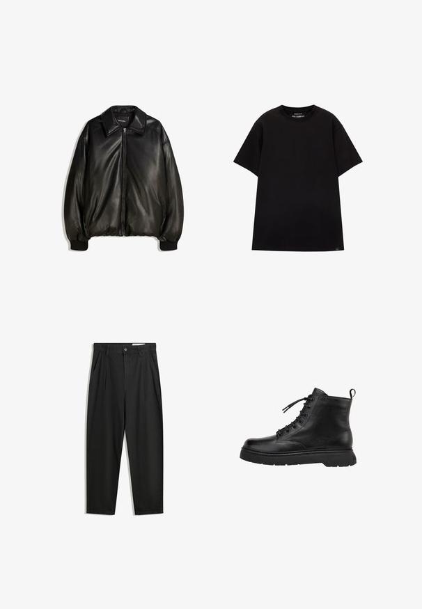 Veste en cuir noir avec fermeture éclair à l'avant, grand col, poignets côtelés et silhouette ample. Texture lisse avec un minimum de détails.; PULL&BEAR JOIN LIFE - T-shirt basique - black; Pantalon en coton noir avec une coupe décontractée, dotés d'une taille classique, de plis à l'avant et de poches latérales. Texture lisse sans motifs.; Botte cheville en cuir noir avec une finition lisse, bout rond et laçage à l'avant. Elle dispose d'une semelle en caoutchouc épaisse et d'un passant à l'arrière.