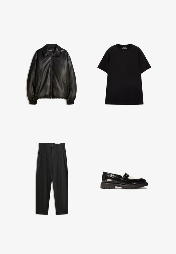 Crna kožna jakna s patentnim zatvaračem, velikim ovratnikom, rebrastim manžetama i opuštenim krojem. Glatka tekstura s minimalnim detaljima.; PULL&BEAR JOIN LIFE - Osnovna majica kratkih rukava - black; Crne pamučne hlače s opuštenim krojem, s klasičnim pojasom, prednjim nabranjima i bočnim džepovima. Glatka tekstura bez uzoraka.; Crne lakirane kožne loafers cipele s bijelim kožnim detaljem, debelim crnim gumenim đonom s gripom i šivenim detaljima. Glatka tekstura s sjajnim završetkom.