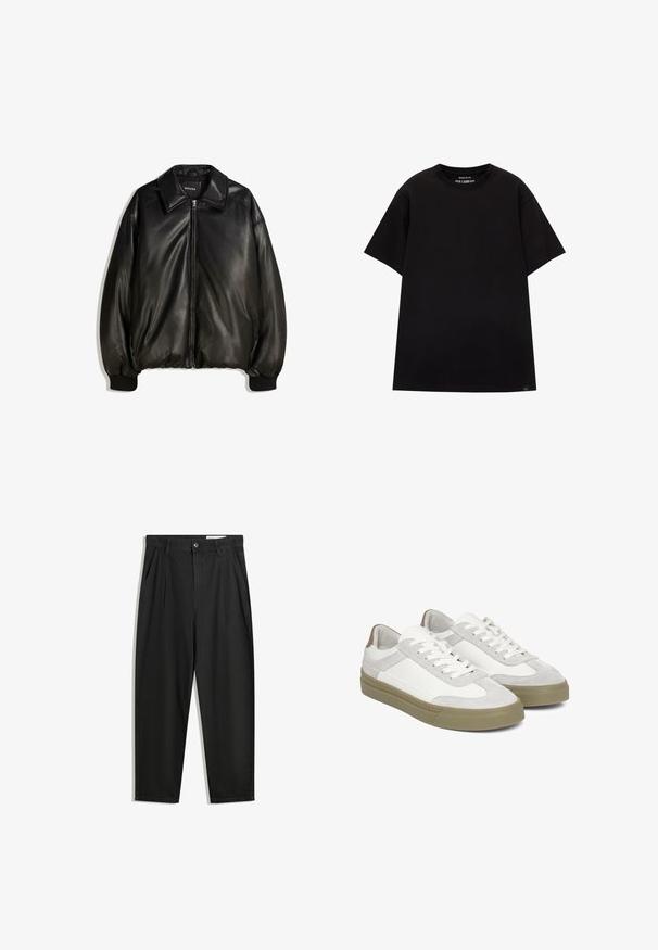 Fekete bőrdzseki, elől cipzárral, nagyméretű gallérral, bordás mandzsettával és laza szabással. Sima textúra minimális díszítéssel.; PULL&BEAR JOIN LIFE - Basic póló - black; Fekete pamut nadrág laza szabással, klasszikus derékrésszel, elülső hajtásokkal és oldalsó zsebekkel. Simább textúra minta nélkül.; Világosszürke tornacipők, melyek texturált bőr és velúr keverékéből készültek. Lapított fűzőkkel és egy finom zöldes árnyalatú gumitalppal rendelkeznek.