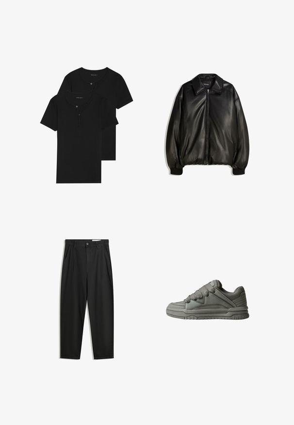 Giacca in pelle nera con zip frontale, colletto ampio, polsini a costine e silhouette ampia. Tessuto liscio con dettagli minimi.; Magliette in cotone nero, maniche corte, collo rotondo con patta a bottoni, caratterizzate da una texture liscia e un design semplice. Due pezzi in confezione.; Pantaloni in cotone neri con una vestibilità rilassata, dotati di una vita classica, pieghe frontali e tasche laterali. Tessuto liscio senza fantasie.; Scarpa sportiva grigia con tomaia in pelle testurizzata e rete, suola in gomma spessa e linguetta e lati ben imbottiti. Includono lacci e dettagli laterali.