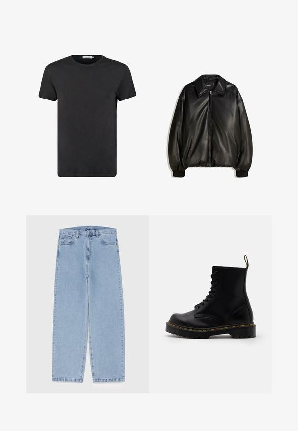 Zwarte leren jas met een ritssluiting aan de voorkant, grote kraag, geribbelde manchetten en een losse pasvorm. Glad textuur met minimale details.; Zwarte katoenen t-shirt met een ronde halslijn en korte mouwen. De stof heeft een gladde textuur en geen patronen of accenten. Regular fit.; Lichtblauwe denim jeans met een recht model, voorzien van een middelhoge taille, vijf zakken en een knoop- en ritssluiting.; Zwarte leren enkelboots met een vetersluiting aan de voorkant, gele stiksels, een ronde neus en een dikke, gestructureerde rubberen zool.