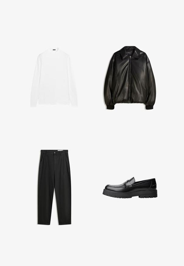 Czarna skórzana kurtka z zamkiem z przodu, dużym kołnierzem, prążkowanymi mankietami oraz luźnym krojem. Gładka faktura z minimalnym zdobieniem.; Biała koszula z długim rękawem i okrągłym dekoltem, wykonana z gładkiej bawełnianej tkaniny. Posiada ściągacze przy mankietach i prosty dół, bez widocznych wzorów.; Czarne bawełniane spodnie o luźnym kroju, z klasycznym pasem, przednimi plisy oraz bocznymi kieszeniami. Gładka struktura, bez wzorów.; Czarne skórzane mokasyny z grubą, bieżnikowaną podeszwą i dekoracyjnym paskiem na górze, pokazane w lewym profilu na białym tle.