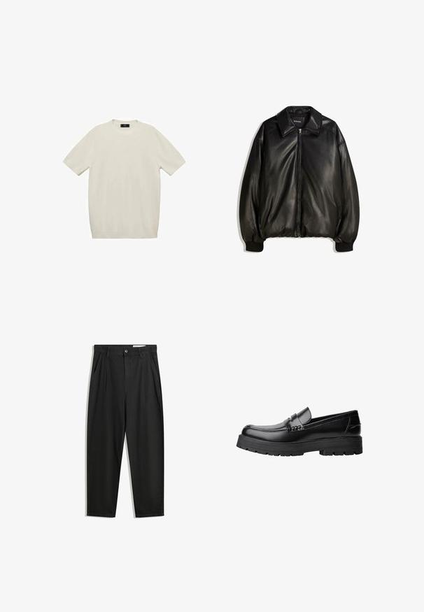 Black leather jacket featuring a zip front, large collar, ribbed cuffs, and a loose silhouette. Smooth texture with minimal detailing.; Short-sleeved cream T-shirt made of soft fabric, featuring a crew neckline and a straight cut, with no visible patterns or accents.; Black cotton trousers with a relaxed fit, featuring a classic waistband, front pleats, and side pockets. Smooth texture without patterns.; Black leather loafer with chunky treaded sole and decorative strap across the upper, shown in left side profile on white background.