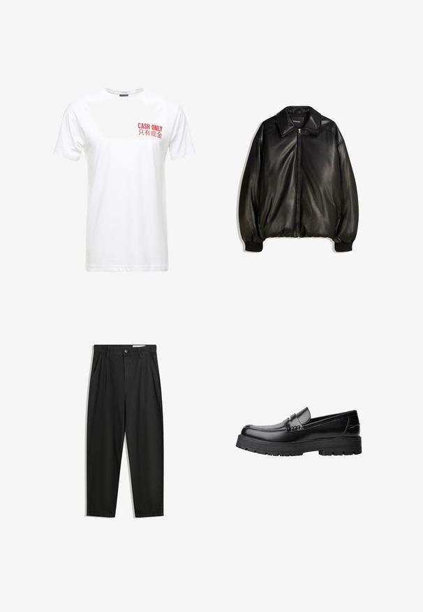 Črna usnjena jakna z zadrgo spredaj, velikim ovratnikom, rebrastimi manšetami in ohlapnim krojem. Gladka tekstura z minimalno podrobnostmi.; Bela bomba majica s kratkimi rokavi, ki vsebuje rdeče tiskano besedilo na levem prsnem delu, ki pravi "SAMI GOTOVINA" in njeno kitajsko različico.; Črne bombažne hlače s sproščenim krojem, ki vključujejo klasičen pas, sprednje gube in stranske žepke. Gladka tekstura brez vzorcev.; Črne usnjene loafersice s debelim profiliranim podplatom in dekorativnim pasom čez zgornji del, prikazane v levem stranskem profilu na beli podlagi.