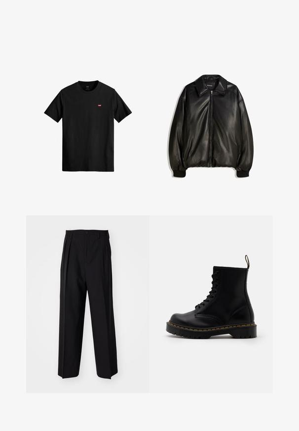 Černá kožená bunda s předním zipem, velkým límcem, žebrovanými manžetami a volným střihem. Hladká textura s minimálním zdobením.; Černé bavlněné tričko s kulatým výstřihem, krátkými rukávy a malým červeným logem Levi's na levém prsu. Lehký a jednoduchý design.; Černé skládací kalhoty s rovnými, širokými nohavicemi. Vyrobené z hladké tkaniny, se zapínáním na knoflík a poutky na opasek.; Černé kožené kotníkové boty s šněrováním vpředu, žlutým prošíváním, zaoblenou špičkou a silnou, textured gumovou podrážkou.