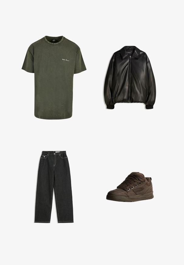 Czarna skórzana kurtka z zamkiem z przodu, dużym kołnierzem, prążkowanymi mankietami oraz luźnym krojem. Gładka faktura z minimalnym zdobieniem.; Oliwkowa bawełniana koszulka z krótkim rękawem, okrągłym dekoltem i subtelną, postarzającą fakturą. Posiada białe haftowane logo "Urban Classics" na piersi.; Czarne jeansy o prostym kroju z białym przeszyciem, pięć kieszeni, zapięcie na guzik i zamek, oraz małe logo na prawej przedniej kieszeni.; Brązowe buty sportowe wykonane z gładkiego materiału syntetycznego. Oferują grube sznurówki, siateczkowe akcenty, wyściełany kołnierz oraz teksturowaną gumową podeszwę.