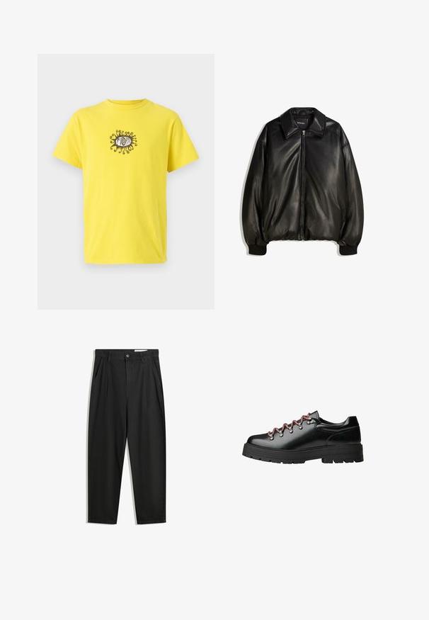 Svart läderjacka med dragkedja fram, stor krage, ribbade ärmslut och en lös silhuett. Slät textur med minimal detaljering.; Gul bomullströja med en svart grafik av ett öga med virvlande linjer ovanför och nedanför. Kort ärm och design med rundad halsringning.; Svarta bomullsshorts med avslappnad passform, med en klassisk midja, framveck och sidfickor. Slät textur utan mönster.; Svart läderskohyra med röda och vita snören, stora öglor och en kraftig sål med mönstring för grepp och stabilitet.