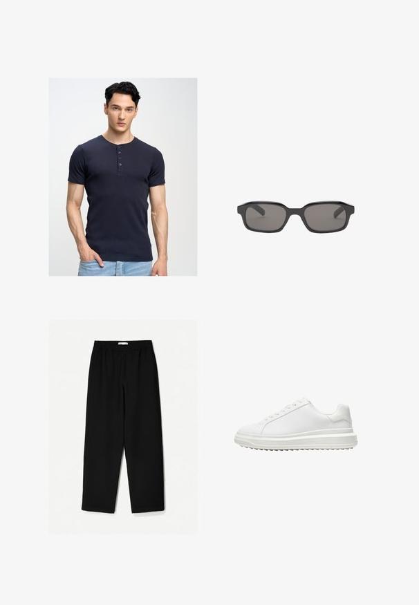 Fekete bőrdzseki, elől cipzárral, nagyméretű gallérral, bordás mandzsettával és laza szabással. Sima textúra minimális díszítéssel.; Tengerészkék, rövid ujjú póló kerek nyakkal és öt gombos gombolással; testhezálló fazon; puha, sima textúra; világoskék farmerrel viselve.; Fekete, bő szárú nadrág könnyű anyagból. Rugalmas derékrésszel és sima felülettel rendelkezik. Nincsenek látható minták vagy hardverelemek.; Fehér edzőcipő sima szintetikus felsőrész, kerek orr, lapos fűzők, texturált talp és réteges, platform dizájn a magasabb megjelenés érdekében.; Fekete, téglalap alakú napszemüveg sötét szürke lencsékkel, vastag műanyag kerettel és sima textúrával. Nincs látható márkázás.