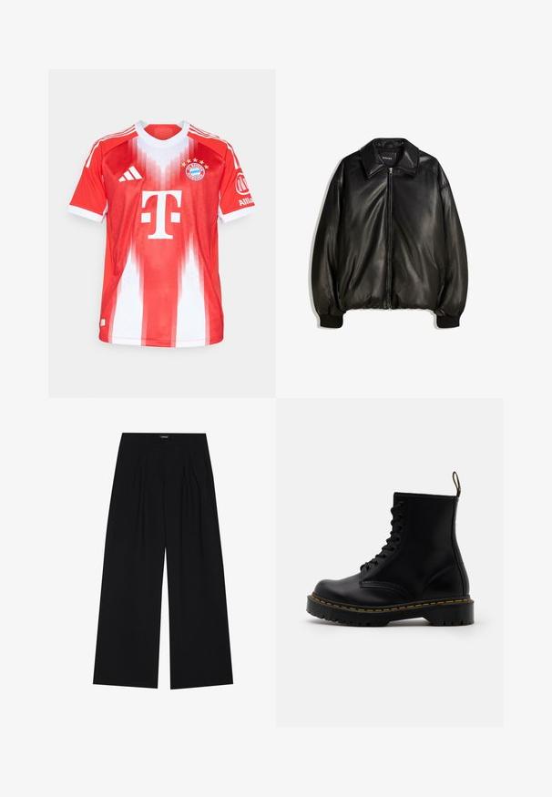 Černá kožená bunda s předním zipem, velkým límcem, žebrovanými manžetami a volným střihem. Hladká textura s minimálním zdobením.; Červeno-bílý fotbalový dres vyrobený z prodyšného materiálu, s kulatým výstřihem, vertikálním pruhovaným vzorem, logem klubu a brandingem sponzora.; YOURTURN UNISEX - Kalhoty - black; Černé kožené kotníkové boty s šněrováním vpředu, žlutým prošíváním, zaoblenou špičkou a silnou, textured gumovou podrážkou.