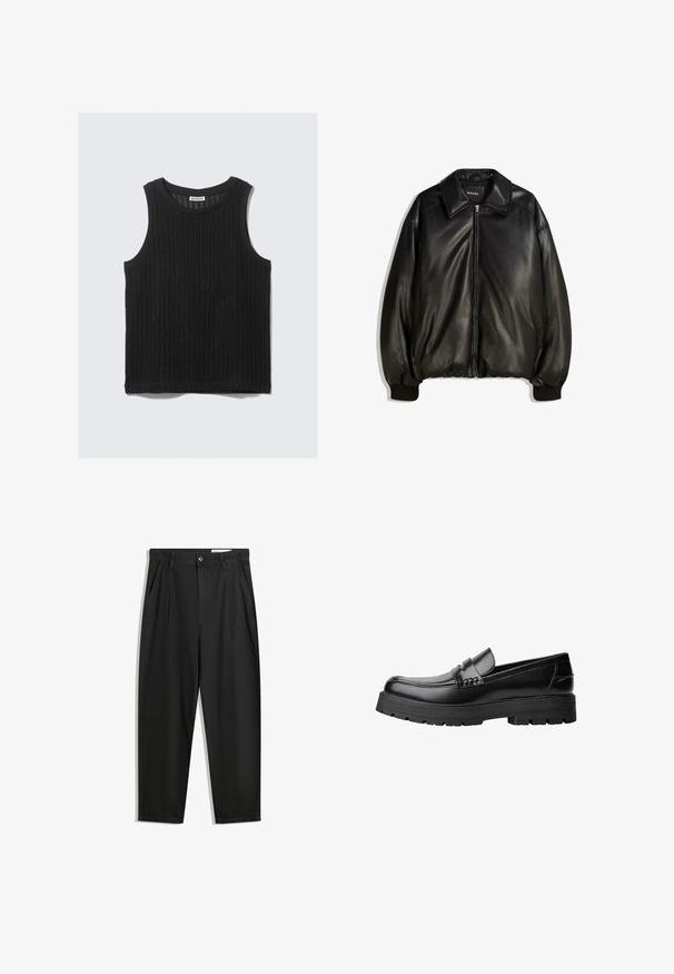 Sort læderjakke med lynlås foran, stor krave, ribbede manchetter og en løs silhuet. Glat tekstur med minimal detaljer.; Sort ærmeløs top med ribbet tekstur, rund halsudskæring og lige kant. Etiketten siger "WEEKDAY" ved halsudskæringen.; Sorte bomuldsbukser med en afslappet pasform, der har en klassisk talje, frontfolder og sidelommer. Glat tekstur uden mønstre.; Sort læderloafer med kraftig sål og dekorativ rem henover, vist i venstre sideprofil på hvid baggrund.