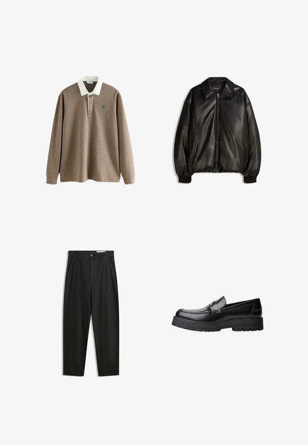 Zwarte leren jas met een ritssluiting aan de voorkant, grote kraag, geribbelde manchetten en een losse pasvorm. Glad textuur met minimale details.; Lange mouw polo shirt in een bruine en crème houndstoothpatroon met een witte kraag en een groen logo op de borst. Zachte stofstructuur.; Zwarte katoenen broeken met een losse pasvorm, voorzien van een klassieke tailleband, voorplooien en zijzakken. Gladde structuur zonder patronen.; Zwarte leren loafer met een chunky profielzool en een decoratieve band over de bovenkant, weergegeven in het linkerzijprofiel op een witte achtergrond.
