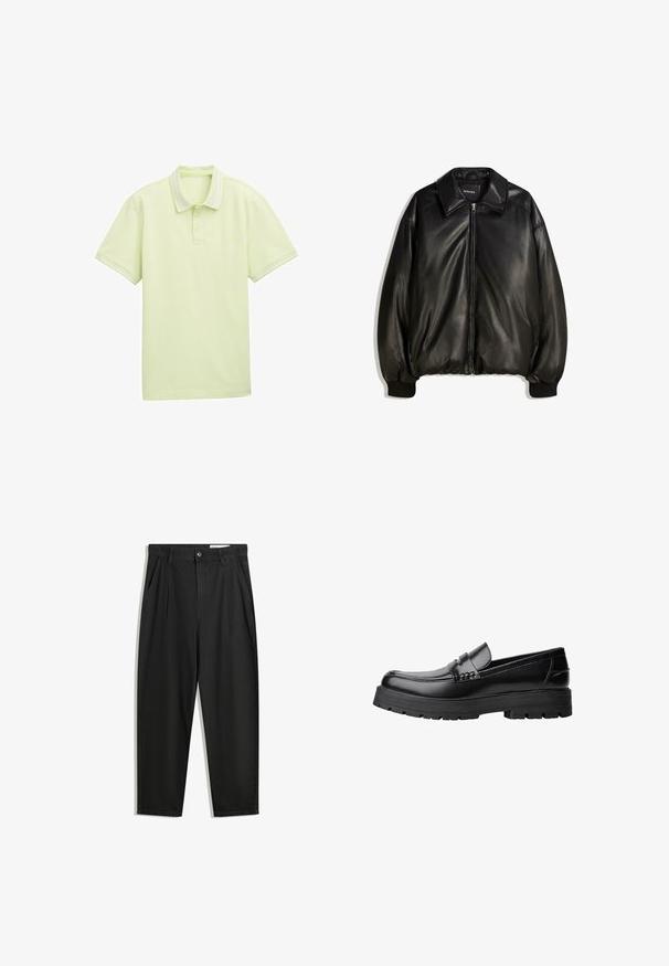 Čierna kožená bunda so zipsom v prednej časti, veľkým golierom, rebrovanými manžetami a voľnou siluetou. Hladká textúra s minimálnym zdobením.; Svetlozelená polo košeľa, krátke rukávy, mäkká tkanina, s dvojitým zapínaním, biele pruhy na golieri a okrajoch rukávov. Jednoduché logo na prednej strane.; Čierne bavlnené nohavice s voľným strihom, s klasickým pásom, prednými záhybmi a bočnými vreckami. Hladká textúra bez vzorov.; Čierne kožené mokasíny s masívnou podrážkou a dekoratívnym pásom cez hornú časť, zobrazené z ľavého bočného profilu na bielom pozadí.
