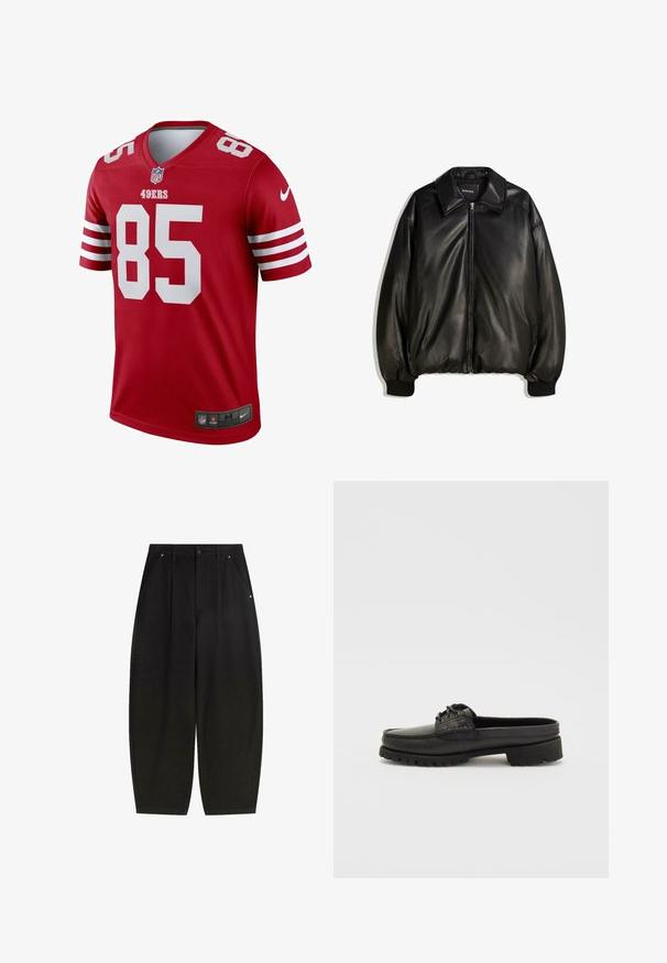 Černá kožená bunda s předním zipem, velkým límcem, žebrovanými manžetami a volným střihem. Hladká textura s minimálním zdobením.; Červený fotbalový dres s bílými akcenty, krátkými rukávy a véčkovým výstřihem. Zobrazuje "49ERS" a "85" velkými bílými čísly. Logo Nike na spodním lemu.; Černé široké kalhoty s předními kapsami, sklady a čistým zakončením. Vyrobeny z texturované tkaniny s knoflíkovým zapínáním.; Černá kožená obuv na klínku s detaily šněrování, zaoblenou špičkou a texturovanou podrážkou. Disponuje mírně zvýšeným podpatkem a hladkým povrchem.