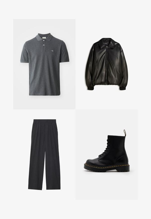 Giacca in pelle nera con zip frontale, colletto ampio, polsini a costine e silhouette ampia. Tessuto liscio con dettagli minimi.; Polo grigio scuro in cotone. Presenta un colletto classico, una patta con tre bottoni, maniche corte e un piccolo logo ricamato sul petto.; Pantaloni a gamba larga realizzati in tessuto grigio scuro. Presentano pences in vita, un design sartoriale e una silhouette dritta.; Stivaletti alla caviglia in pelle nera con lacci anteriori, cuciture gialle, punta rotonda e suola in gomma spessa e testurizzata.