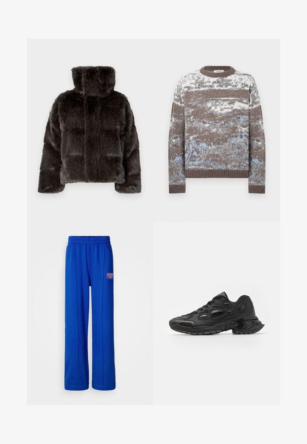 Sötétszürke műszőrme dzseki magas gallérral, steppelt mintával és texturált anyaggal. Az ujjai enyhén bővek és párnázottak.; Kötött pulóver, többszínű barna és kék mintával. Kerek nyakkivágás, bordázott mandzsettákkal és szegéllyel. Puha tapintású anyag.; Fényes kék, gumis derekú melegítőnadrág egyenes lábakkal, a jobb combján kis piros és fehér "VERY" logóval.; Fekete sportcipők texturált szintetikus felső résszel, kerek orral és jellegzetes ovális kivágásokkal. A talp tartós gumihoz biztosít tapadást.