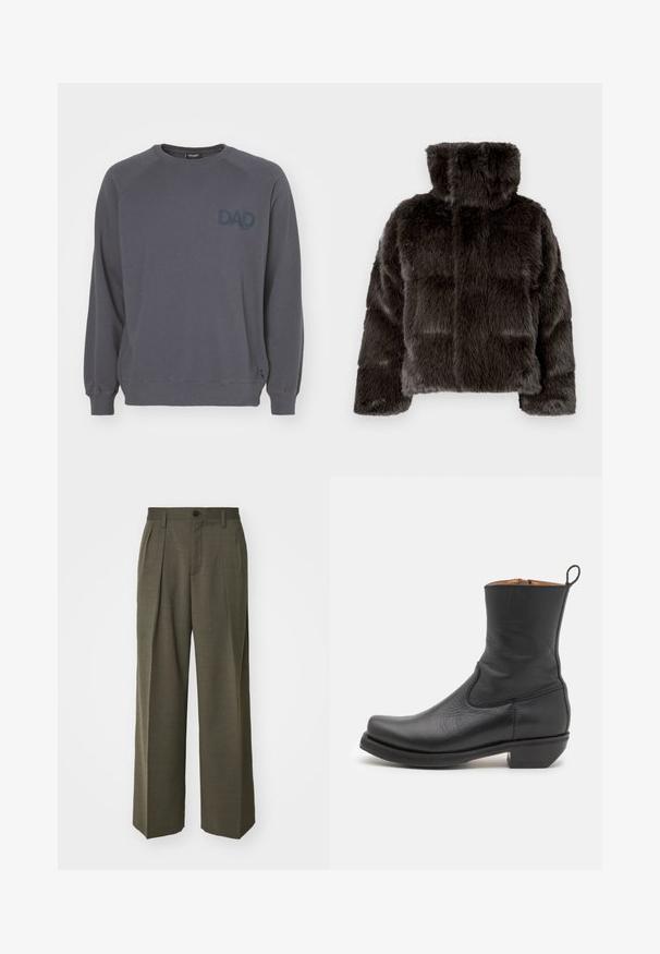 Jachetă din blană artificială gri închis, cu guler înalt, design matlasat și material texturat. Mânecuțele sunt ușor largi și căptușite.; Ron Dorff BOX PRINT - Bluză de molton - lava grey; Filippa K WIDE TROUSERS - Pantaloni - driftwood; Botină neagră din piele cu o textură netedă, profil subțire, cusături laterale și toc pătrat mic. Are o buclă de prindere în partea din spate.