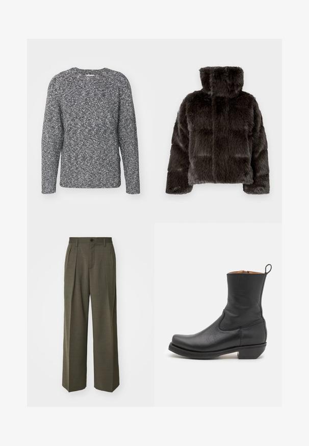 Dark grey faux fur jacket featuring a high collar, quilted design, and textured fabric. The sleeves are slightly loose and padded.; Gray and black knitted sweater with a crew neckline, long sleeves, and ribbed cuffs, featuring a textured, patterned fabric.; Filippa K WIDE TROUSERS - Trousers - driftwood; Black leather ankle boot with a smooth texture, slim profile, side stitching, and a low square heel. Features a pull tab at the back.
