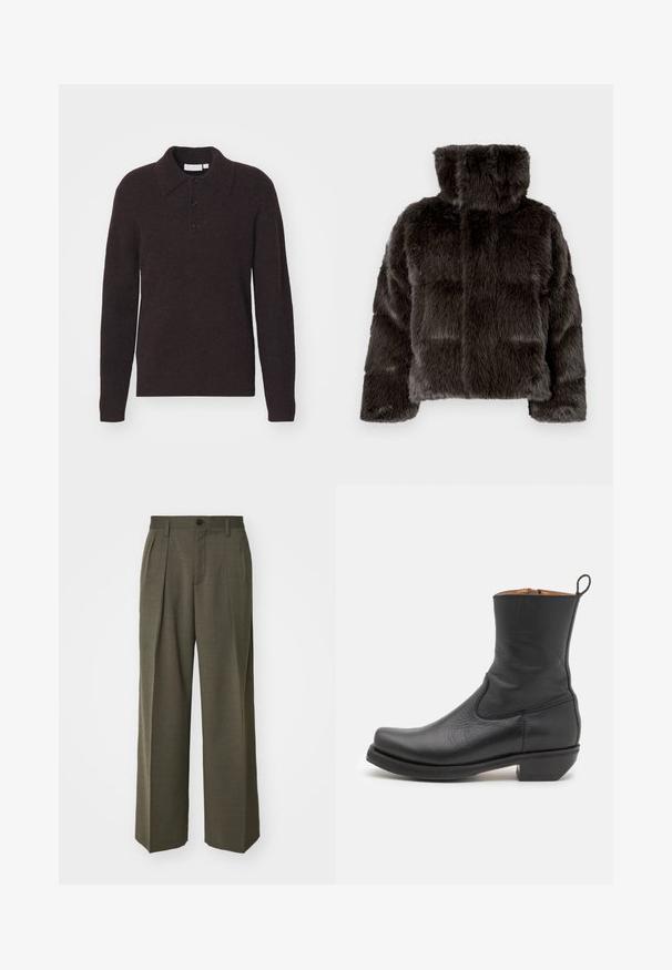 Tumehall kunstkarusnahast jakk, millel on kõrge krae, tikitud muster ja tekstuuriga kangas. Varrukad on veidi laiad ja polsterdatud.; Pruun kudume pullover pikade varrukatega, krae ja nööbiga ees. Pehme tekstuur, kerge lõtv sobivus ja lihtne disain.; Filippa K WIDE TROUSERS - Püksid - driftwood; Mustas nahast pahkluu saabas, mis on siledatoimeline, kitsa silueti ja külgsõmblustega, madala ruudukujulise kontsaga. Tagaküljel on tõmbetab.