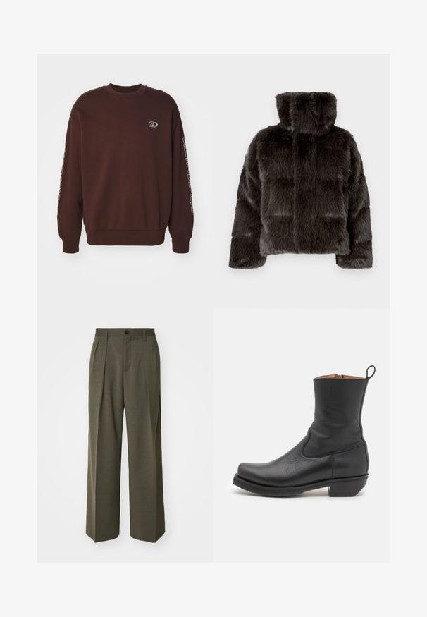 Sötétszürke műszőrme dzseki magas gallérral, steppelt mintával és texturált anyaggal. Az ujjai enyhén bővek és párnázottak.; Barna pulóver kerek nyakú, hosszú ujjú, bordázott mandzsettákkal. Az elején egy kis logó található, a ujján pedig felirat.; Filippa K WIDE TROUSERS - Nadrágok - driftwood; Fekete bőrből készült bokacsizma sima textúrával, karcsú profilal, oldalvégekkel és alacsony négyzetes sarokkal. A hátsó részen húzófüle található.